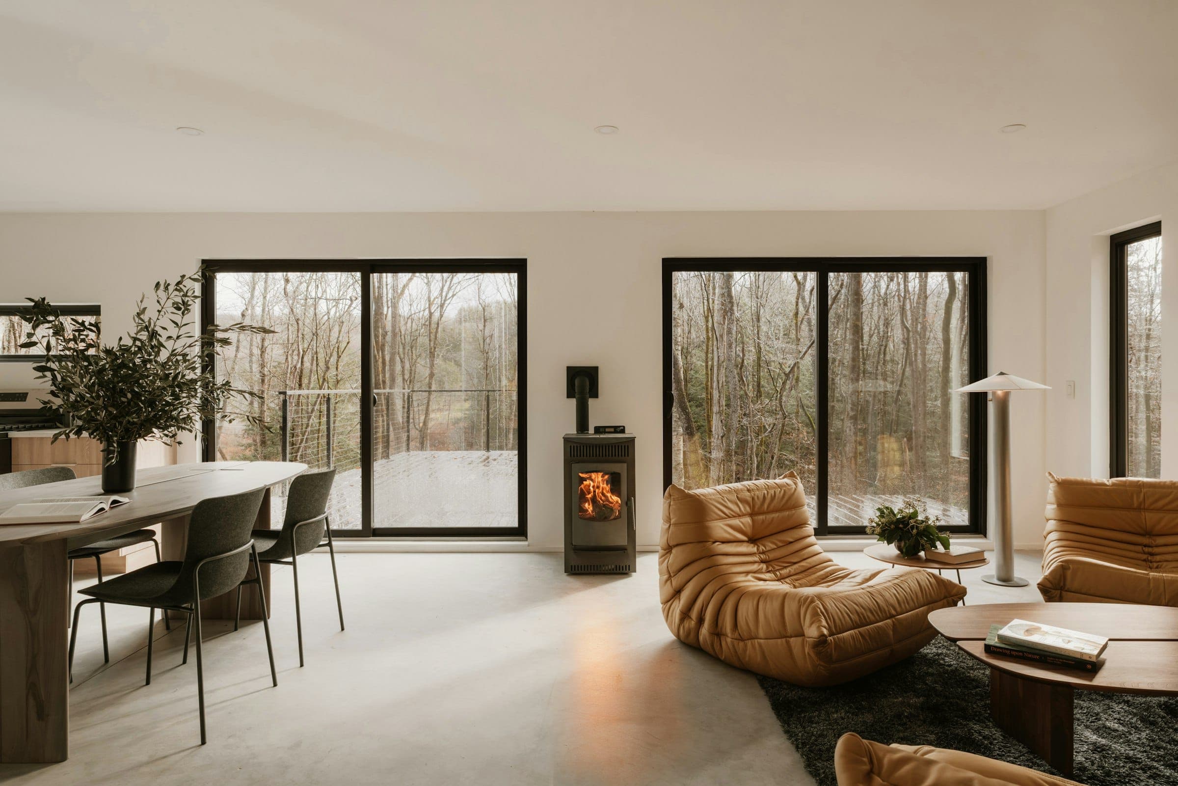 Living room with a wood stove, black-framed windows and a forest view
